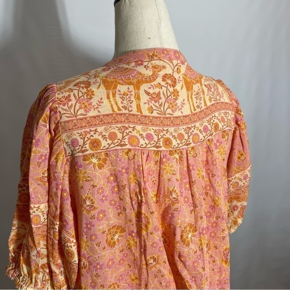 Spell • Sundown Camel Floral Print Short Sleeve Button Down Blouse Top Apricot S - Picture 5 of 10